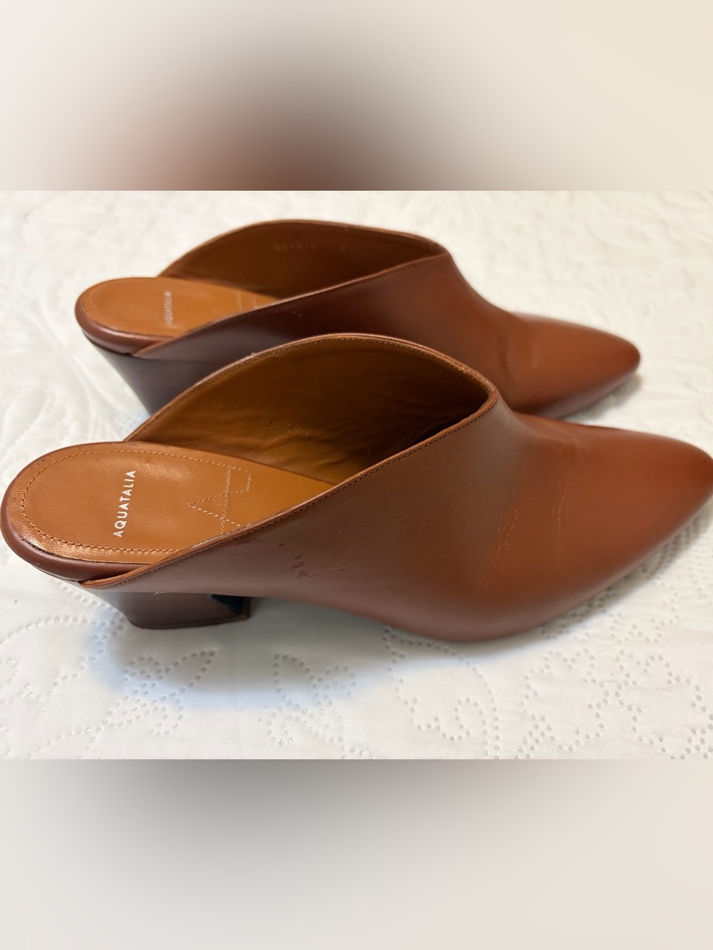 Aquatalia Olima Slip On Mid Heel Mule Chestnut Brown Leather